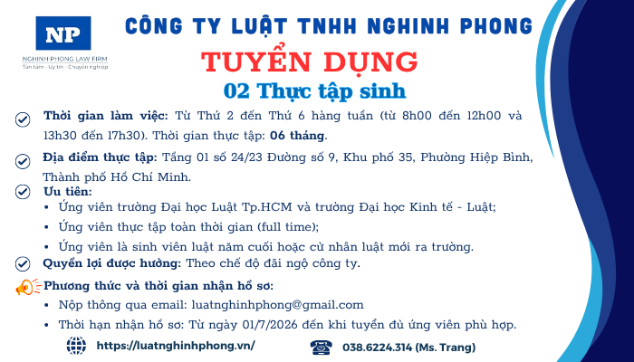 Tuyển dụng 02 Thực tập sinh pháp lý (Thời hạn: Từ ngày 01/7/2026 đến khi tuyển đủ ứng viên phù hợp)