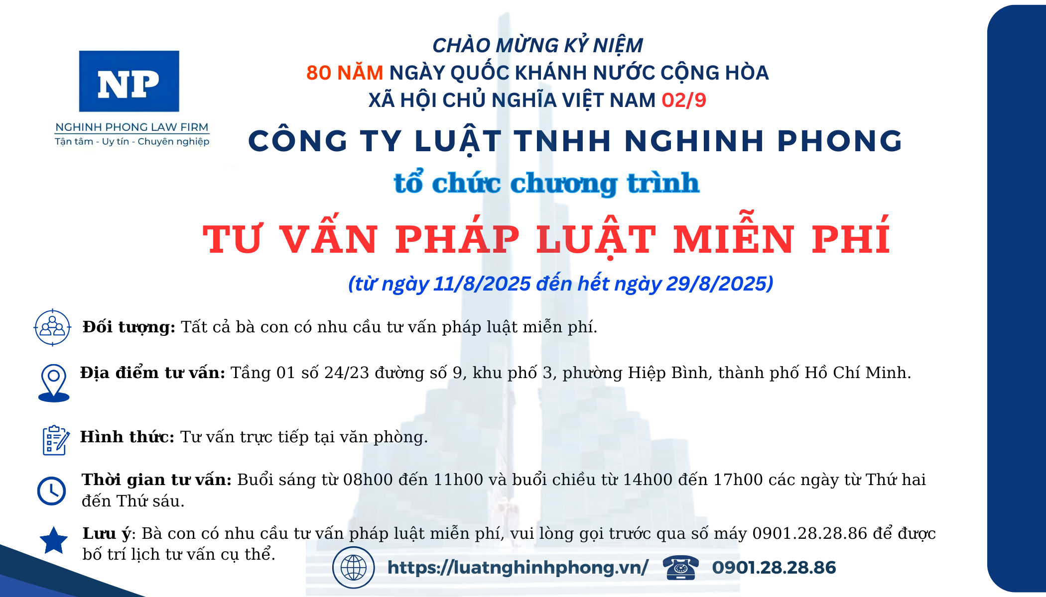 Công ty Luật TNHH Nghinh Phong tổ chức chương trình tư vấn pháp luật miễn phí (từ ngày 11/8/2025 đến hết ngày 29/8/2025)