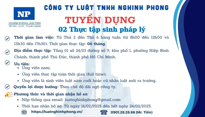 Tuyển dụng 02 Thực tập sinh pháp lý (Thời hạn: Từ ngày 14/02/2025 đến hết ngày 24/02/2025)